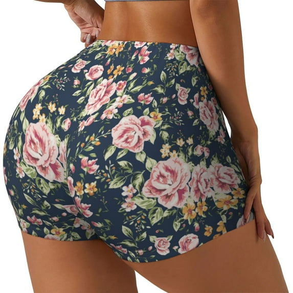 Cauagu Vintage Floral for Womens Workout Impact Shorts,Booty Biker Shorts High Waisted Elastic Athletic Shorts for Yoga Gym Running Sports-Medium