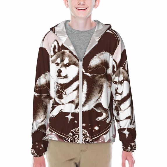 Cauagu Vintage Husky Dog Print Sun Protection Jacket for Teen,Full-Zipper Long Sleeve Sun Shirts with Pockets UV Hoodie Shirts Outdoor Athletic Jacket-XX-Large