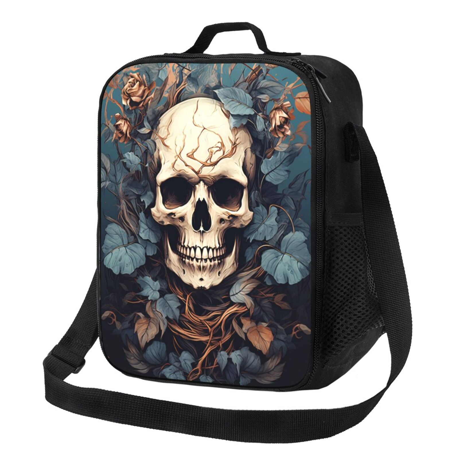 Cauagu Vintage Leaf Flower Skull Insulated Lunch Bag Reusable Lunch