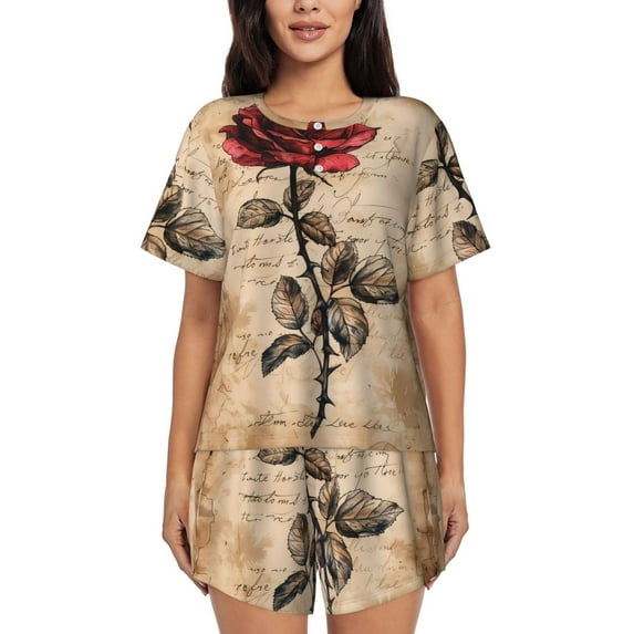 Cauagu Vintage Rose Botanical Art for Women's Round Neck Pajama Set,Short-Sleeved Pajamas Soft Sleepwear Set Summer Pajamas Set Lounge Sets 2-Piece Pj-Medium