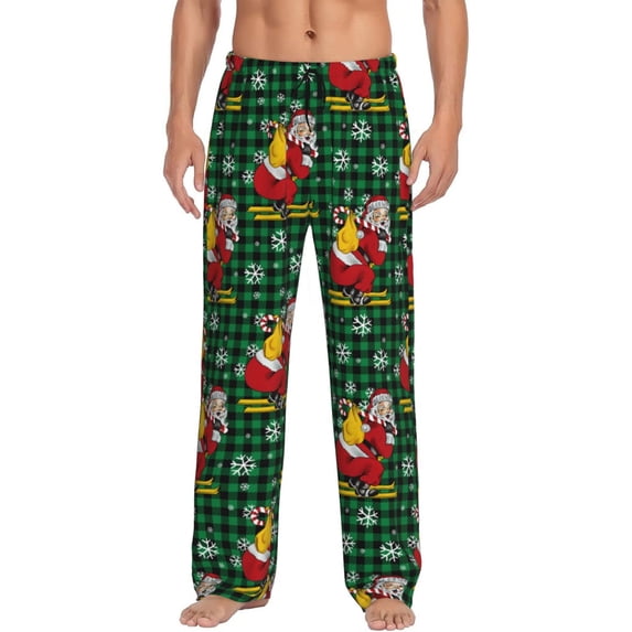 Cauagu Vintage Santa Skiing Green Plaid Mens Pajama Pants Sleep & Lounge Pants,PJ Bottoms with Pockets-XX-Large