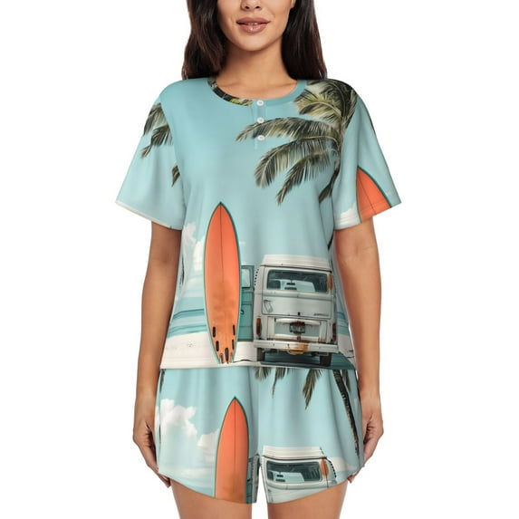 Cauagu Vintage Surf Van Beach for Women's Round Neck Pajama Set,Short-Sleeved Pajamas Soft Sleepwear Set Summer Pajamas Set Lounge Sets 2-Piece Pj-X-Large