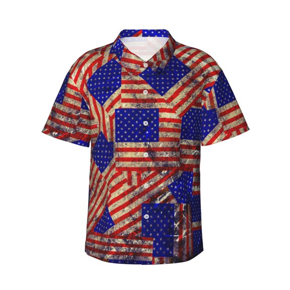 Cauagu Vintage USA Flag Print Hawaiian Shirt for Men,Casual Short Sleeve Button Down Shirts Summer Beach Men's Regular-Fit Short-Sleeve Print Shirt -