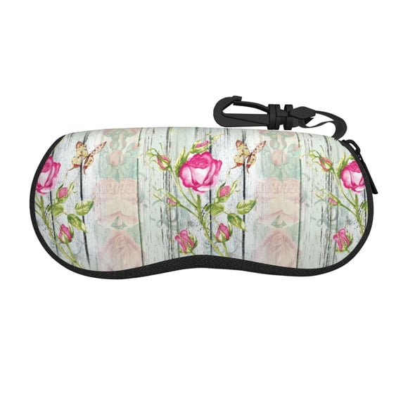Cauagu Vintage Wood with Floral Pattern Unisex Glasses Case,Zipper Protective Fabric Sunglass Case with Clip Soft Case Horizontal Protective Pouch for Sunglasses Eyewear