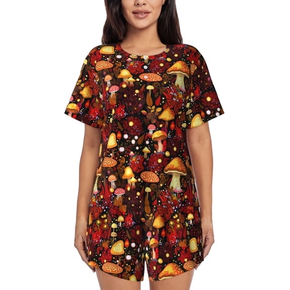Cauagu Warm Plants and Mushrooms for Women's Round Neck Pajama Set,Short-Sleeved Pajamas Soft Sleepwear Set Summer Pajamas Set Lounge Sets 2-Piece Pj-XX-Large