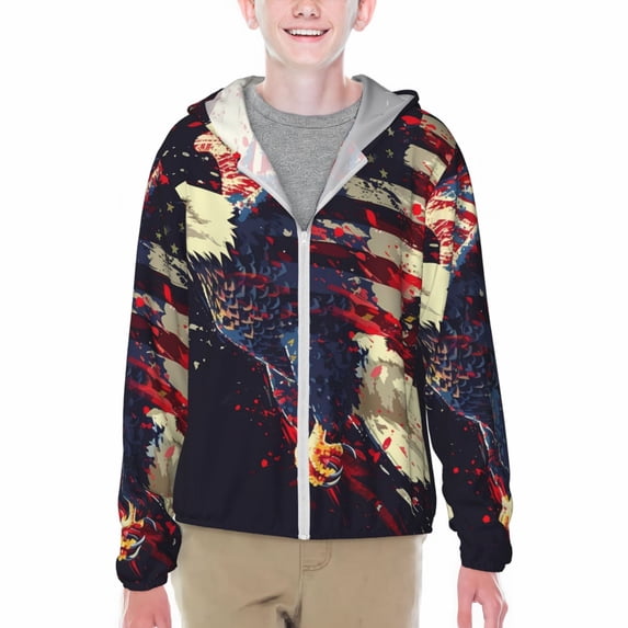 Cauagu Watercolor Bald Eagle Print Sun Protection Jacket for Teen,Full-Zipper Long Sleeve Sun Shirts with Pockets UV Hoodie Shirts Outdoor Athletic Jacket-X-Large