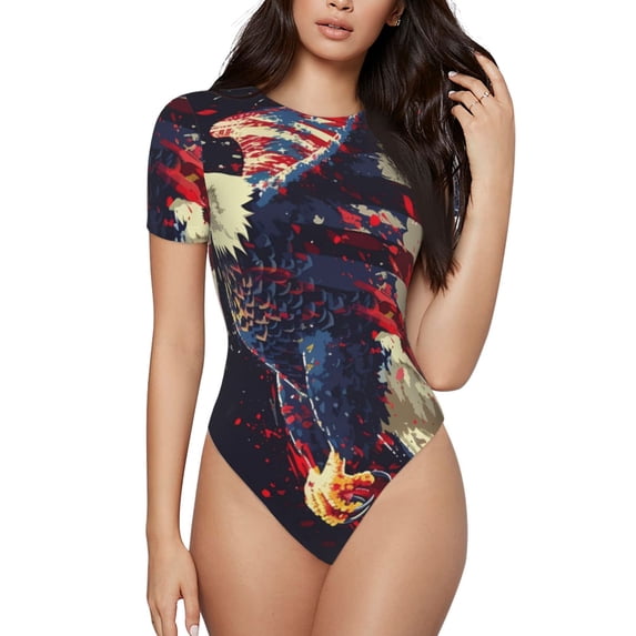 Cauagu Watercolor Bald Eagle Women's Crew Neck Round Short Sleeve T Shirts Tops Bodysuit Daily Jumpsuit-Medium