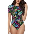thumbnail image 1 of Cauagu Watercolor Floral Paisley Women's Crew Neck Round Short Sleeve T Shirts Tops Bodysuit Daily Jumpsuit-X-Large, 1 of 7