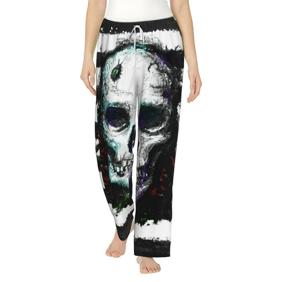 Cauagu Watercolor Skull Pajama Pants for Women Loose Fit Wide Leg Trouser Pants Casual Elastic Waist Drawstring Lounge Pants