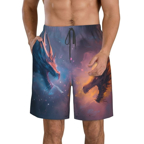 Cauagu Watercolor Sky Dragon Print Men's Swim Trunks,Hawaiian Bathing Suit Swimsuits Beach Shorts with Pockets for Men Quick Dry Swimming Board Shorts-Large