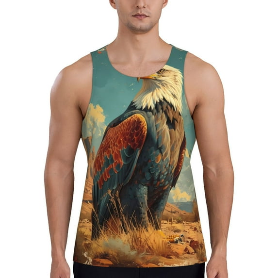 Cauagu Western Desert Cactus Bald Eagle Print Men's Sleeveless Muscle Shirts,Tank Tops Quick Dry Workout Tank Top Gym Muscle Tee Fitness Bodybuilding T Shirt for Men-4X-Large