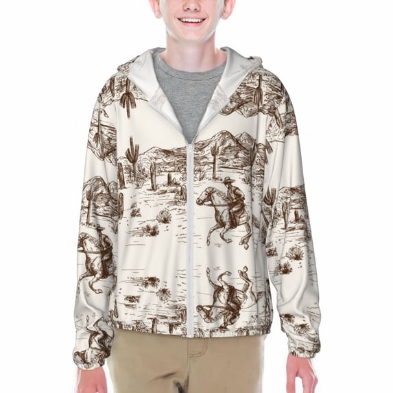 Cauagu Western Desert Cowboys3 Print Sun Protection Jacket for Teen,Full-Zipper Long Sleeve Sun Shirts with Pockets UV Hoodie Shirts Outdoor Athletic Jacket-Large