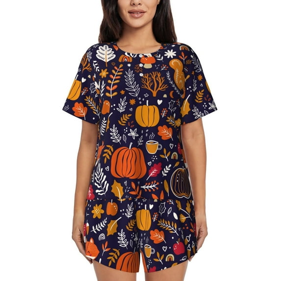 Cauagu Whimsical Autumn Forest for Women's Round Neck Pajama Set,Short-Sleeved Pajamas Soft Sleepwear Set Summer Pajamas Set Lounge Sets 2-Piece Pj-Medium