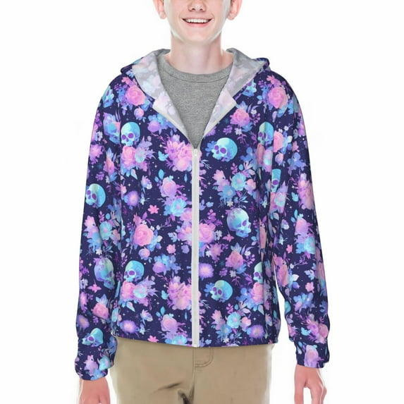 Cauagu White Skull Flower Print Sun Protection Jacket for Teen,Full-Zipper Long Sleeve Sun Shirts with Pockets UV Hoodie Shirts Outdoor Athletic Jacket-X-Large