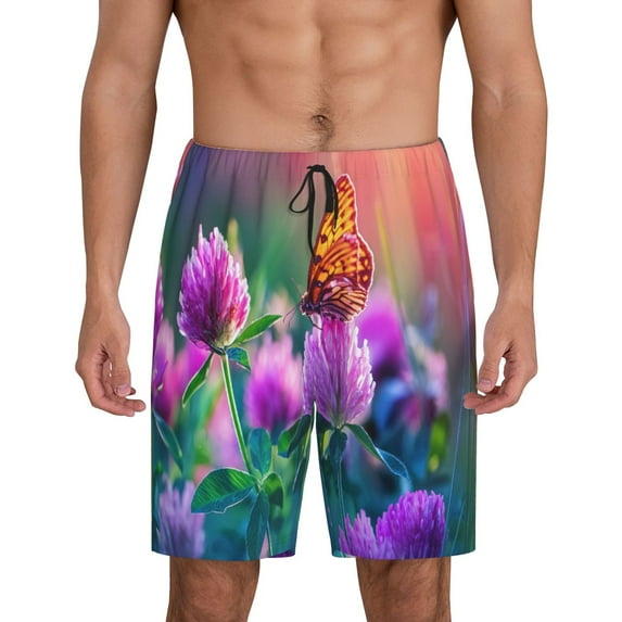 Cauagu Wild flowers of clover and butterfly Print Pajama Bottoms for Men Sleep Pajama Shorts Elastic Waistband Sleep Pajama Short Men's PJ Shorts-Medium