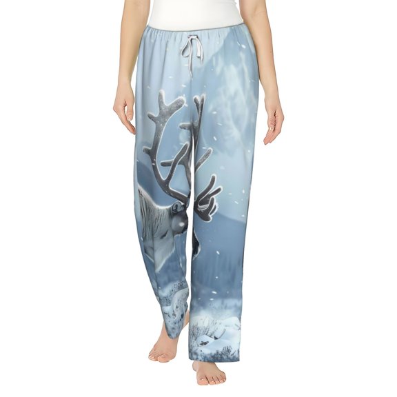 Cauagu Winter Reindeer In Snowy Mountains Pajama Pants for Women Loose Fit Wide Leg Trouser Pants Casual Elastic Waist Drawstring Lounge Pants