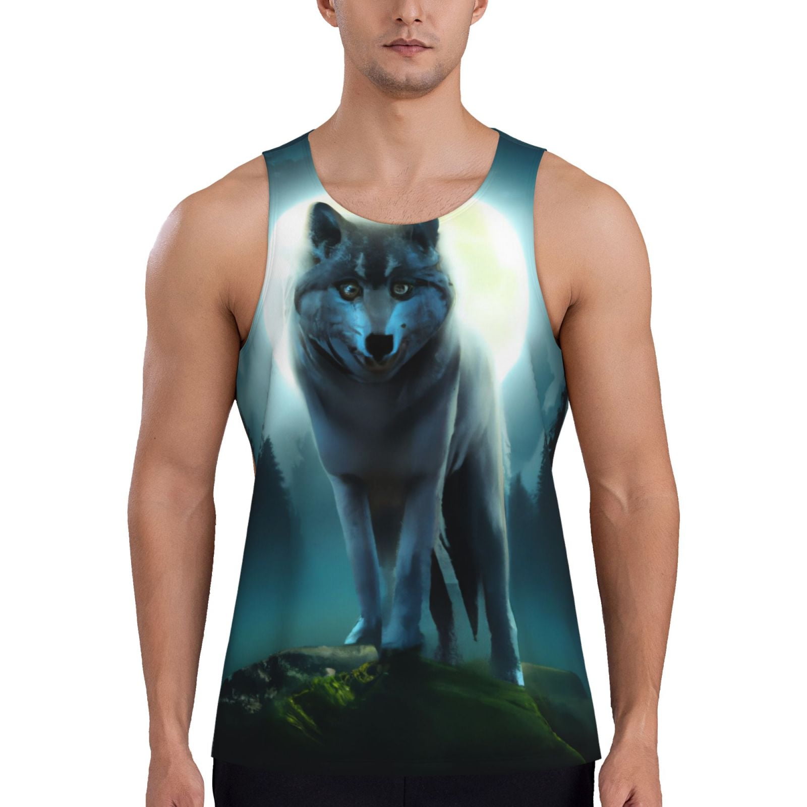 Cauagu Wolf Print Men's Sleeveless Muscle Shirts,Tank Tops Quick Dry