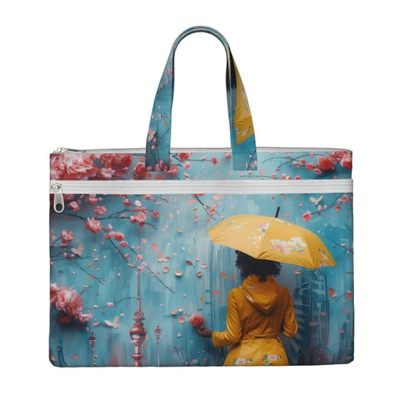Cauagu Woman Under Blossoming Tree Pattern Canvas Tote File Bag, Zipper Tote Bag Business Briefcase Document Bag with Handle A4 File Organizer Laptop Bag for Travel and Work