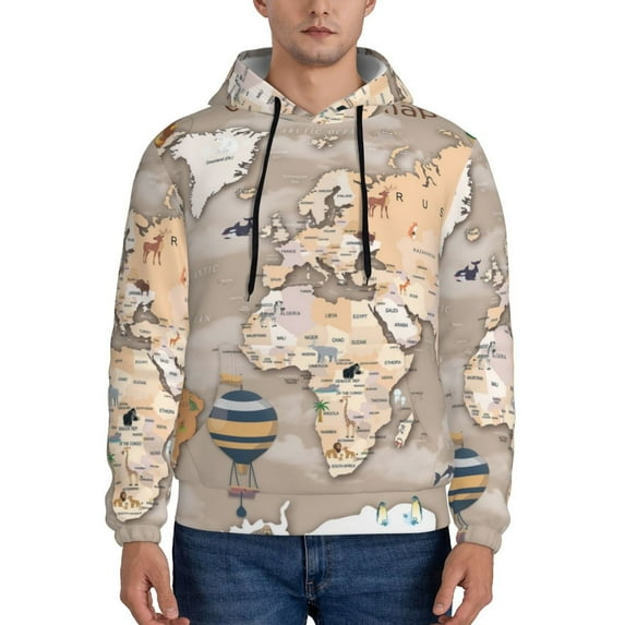 Cauagu World Map With Animals for Men's Pullover Hooded Sweatshirt Athletic Casual Hoodie Aautumn Hoodie Sweatshirt for Men Pullover Casual Hooded Sweatshirt-Large