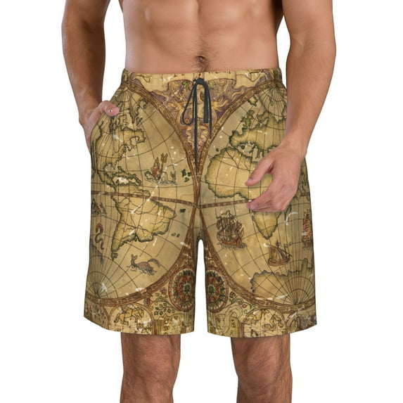Cauagu World Map1 Print Men's Swim Trunks,Hawaiian Bathing Suit Swimsuits Beach Shorts with Pockets for Men Quick Dry Swimming Board Shorts-Medium