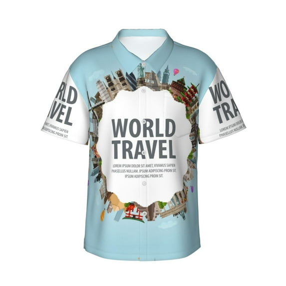 Cauagu World Travel Print Hawaiian Shirt for Men,Casual Short Sleeve Button Down Shirts Summer Beach Men's Regular-Fit Short-Sleeve Print Shirt -X-Large