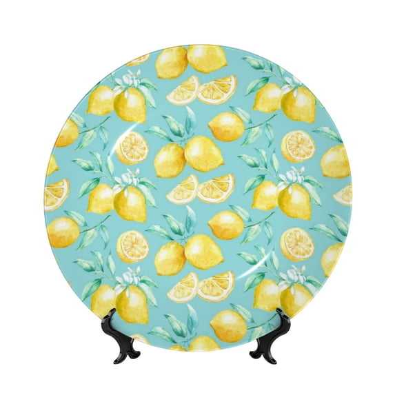 Cauagu Yellow Lemon Print Bone China Decorative Plate, Wall Mount Plate Holiday Decor Decorative Ceramic Plates with Stand Elegant Household Plates Decorative-7in