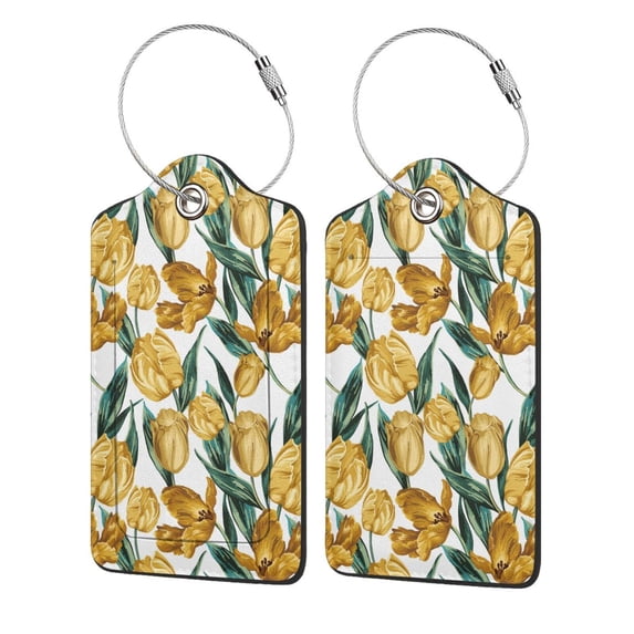 Cauagu Yellow Tulips Print Luggage Tags,Leather Luggage Tags for Suitcases Personalized Travel Tag Privacy Protection Bag Tags Travel Essentials-4 PCS