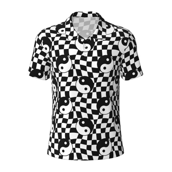 Cauagu Ying Yang Checkered Print Men's Polo Shirts, Short-Sleeve Polo Shirts for Men Performance Golf Shirt Athletic Casual Collared T-Shirt-Small