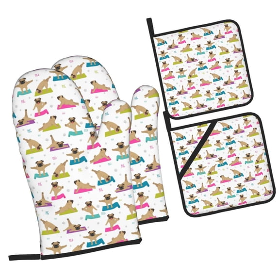 Cauagu Yoga Dogs Poses Print Oven Mitts and Pot Holders 4 pcs Set,Extra Thicken Long Kitchen Oven Glove Potholders BBQ Gloves-Oven Mitts and Pot Holders(11 Inch)