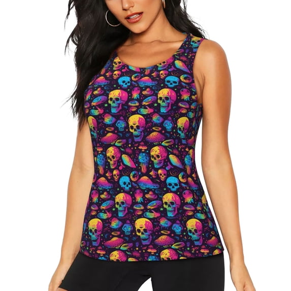 Cauagu colorful Skull Retro for Women's Workout Tank Tops Sleeveless Running Loose Athletic Top Fit Yoga Tops Active Shirts Gym Exercise-Medium