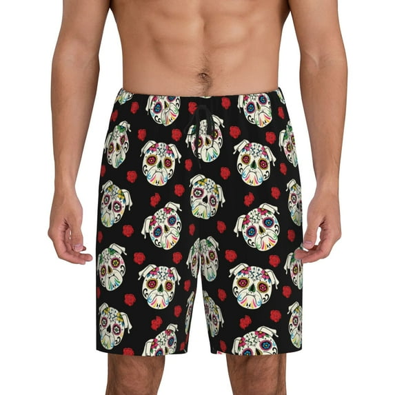 Cauagu colorful Skull dog flower Print Pajama Bottoms for Men Sleep Pajama Shorts Elastic Waistband Sleep Pajama Short Men's PJ Shorts -3X-Large