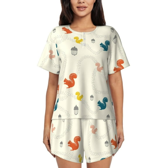Cauagu colorful Squirrel Nuts for Women's Round Neck Pajama Set,Short-Sleeved Pajamas Soft Sleepwear Set Summer Pajamas Set Lounge Sets 2-Piece Pj-X-Large