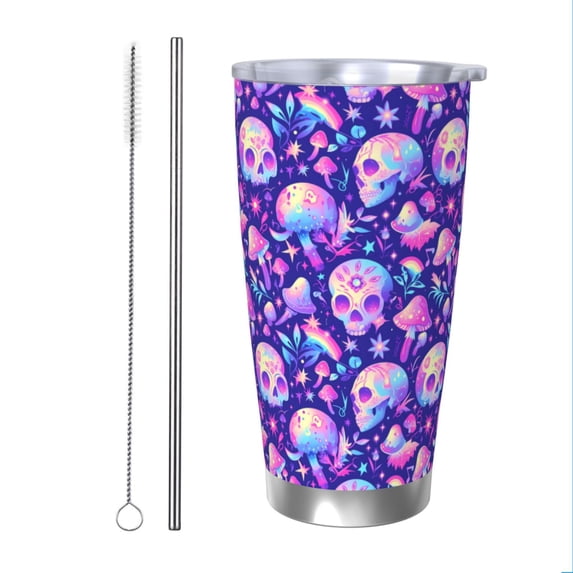 Cauagu colorful mushroom Skull rainbow Pattern 20oz Tumbler,Stainless Steel Vacuum Insulated Tumbler with Lid Insulated Coffee Mug Thermal Cup with Splash Proof Sliding Lid-Straw Two-piece Set