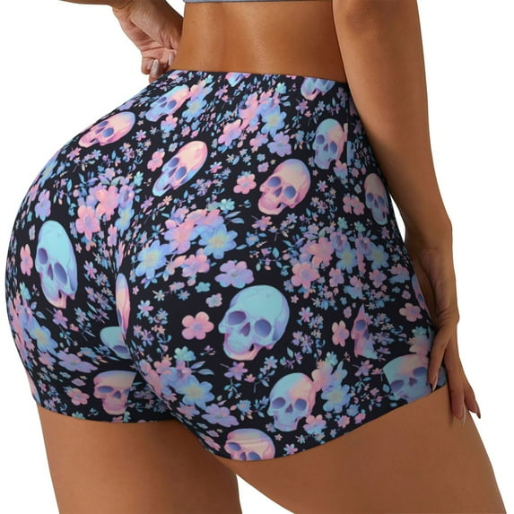 Cauagu cool Skull flower for Womens Workout Impact Shorts,Booty Biker Shorts High Waisted Elastic Athletic Shorts for Yoga Gym Running Sports-Small