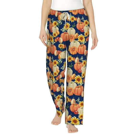 Cauagu fall Pumpkin Daisy Pajama Pants for Women Loose Fit Wide Leg Trouser Pants Casual Elastic Waist Drawstring Lounge Pants