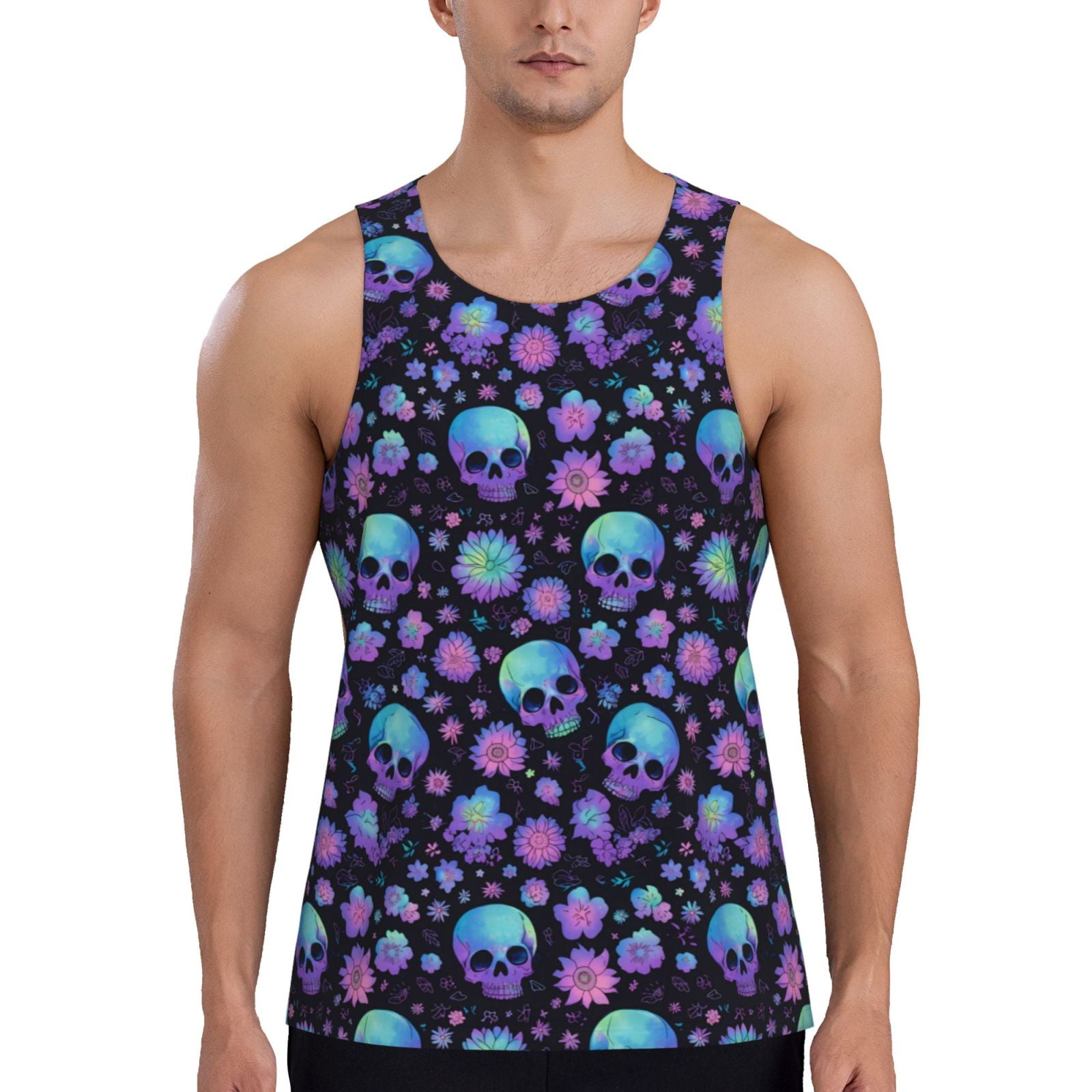 Cauagu purple Skull flower Print Men's Sleeveless Muscle Shirts,Tank