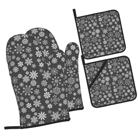 Cauagu simple white Snowflake Print Oven Mitts and Pot Holders 4 pcs Set,Extra Thicken Long Kitchen Oven Glove Potholders BBQ Gloves-Oven Mitts and Pot Holders(11 Inch)