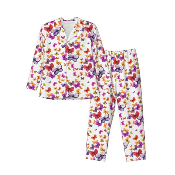 Cauagu watercolor butterflies Print Men's Long-Sleeve Pajama Set,Soft Button-Front 2Pjs for Men Long Sleeve Men’s Sleepwear-XX-Large
