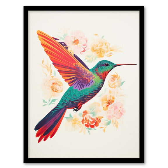 Caught In Flight By Sofia Francis Bright Hummingbird Amongst The Flowers Nectar Art Print Framed Poster Wall Decor 12x16 inch