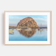 Caught In Reflection - Morro Rock - Morro Bay California Photography Landscape Harbor Mountain Boat Coastal Scenic Ocean Oak Framed Wall Art Print 5 x 7 inches