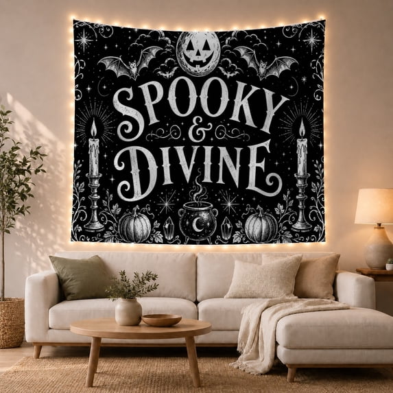 Cauldron with Bats Candles Pumpkins and Crystals, Playful Gothic Style for Halloween Decor Lovers, Witchy Wall Art, Halloween Gift, Tapestry Wall Hanging for Bedroom and Dorm