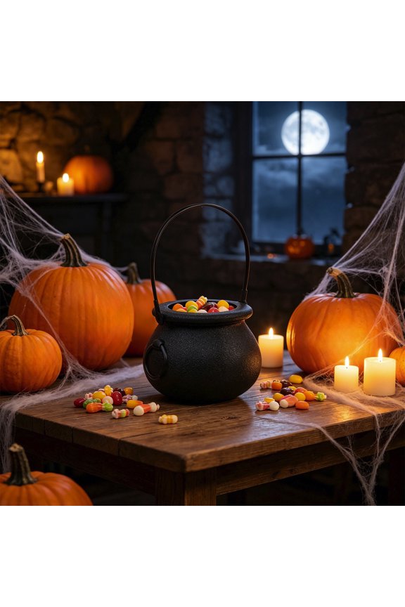 Cauldron Candy Bucket, Holds Halloween Treats with Spooky Style, Plastic Pail, Sturdy Carry Handle and Generous Capacity for Trick-or-Treating, Party Favors, and Home Decoration.