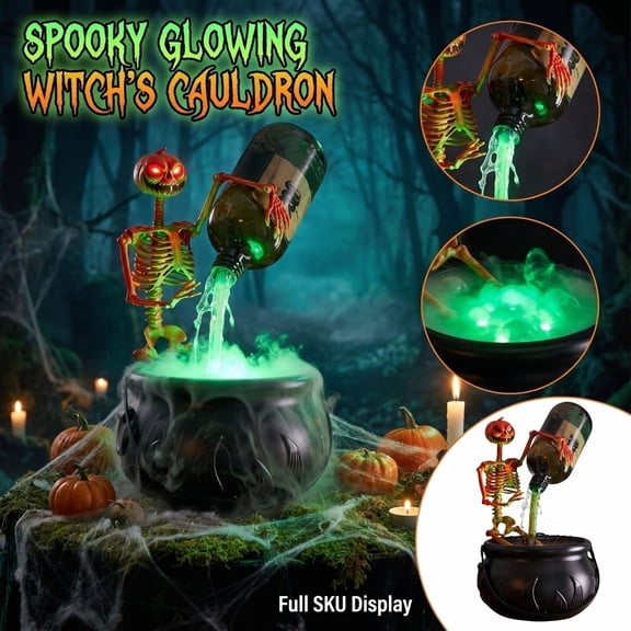 Cauldron Halloween Decor, Led Fog Spooky Mist Effect Witch Potion Cauldron with Floating Magic Bottle, 14X8 in Diy Assembly Spooky Halloween Decorations, for Halloween Party