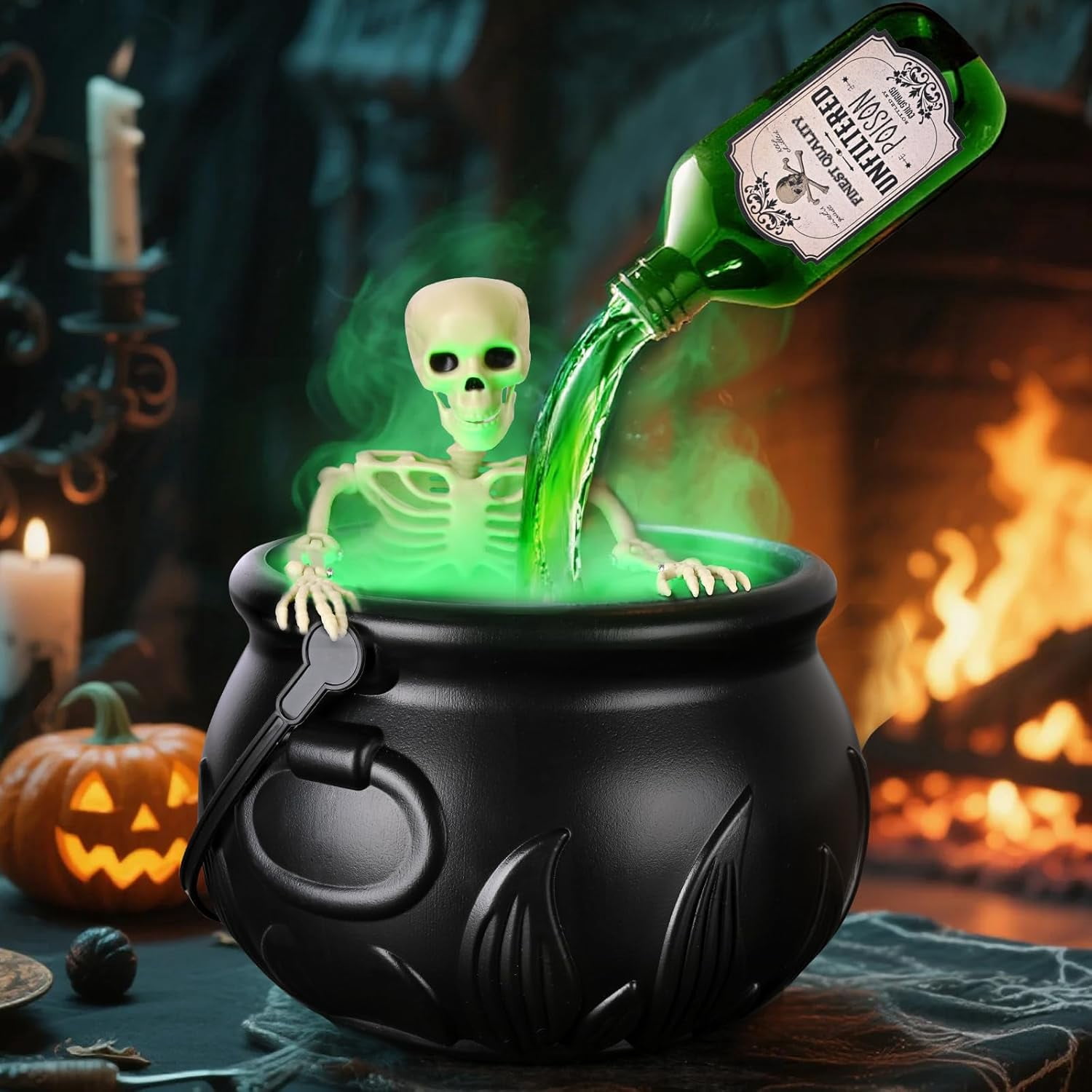 Cauldron Halloween Decor with Magic Floating Potion Bottles and Diffuser - Black Plastic Witches Bowl Hocus Pocus Party Decoration for Spooky Vintage Home Kitchen Table