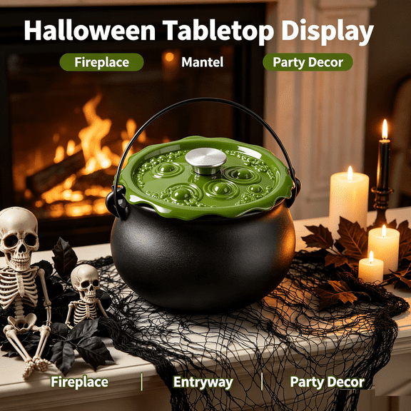Cauldron Halloween Mini Cast Iron Witch Crock-Pot Cauldron with Bubbling Green Lid, Halloween Small Serving Pot for Candy, Dip, Witches Brew Taster & Spooky Table Decor, By Huiing