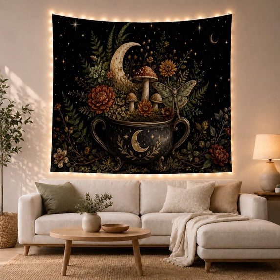 Cauldron with Moth and Moon Against Starry Sky, Mystical Fantasy for Dark Art Lovers, Enchanted Forest Decor, Halloween Gift Tapestry Wall Hanging for Bedroom and Living Room