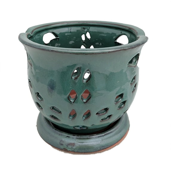 Cauldron Orchid Pot/Saucer 6 5/8" x 5 3/4" - Forest Green