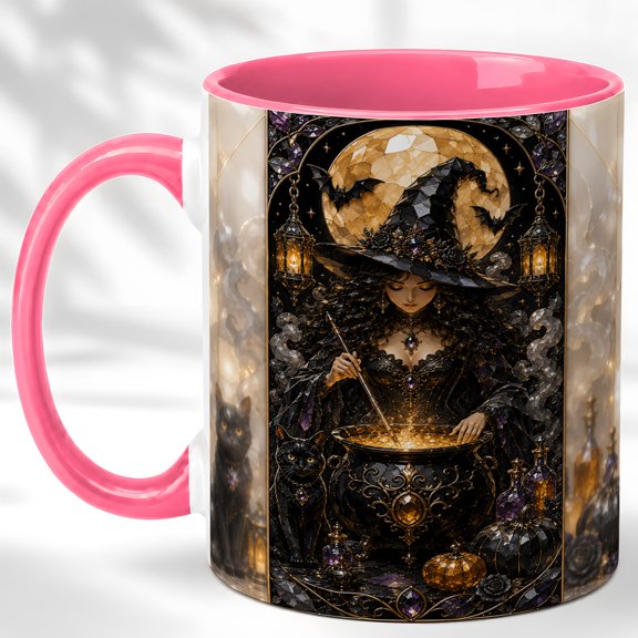 Cauldron Witch Coffee Mug, Black Cat Mug, Ceramic 11 oz
