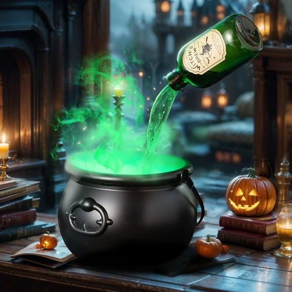 Cauldron Witchcraft,Halloween Decorations Indoor,Cauldron Halloween Decor with Magic Floating Potion Bottles and Diffuser,Black Witches Bowl(Witch Pot+Generator+4 Stickers+Wine Bottle 15*8in)