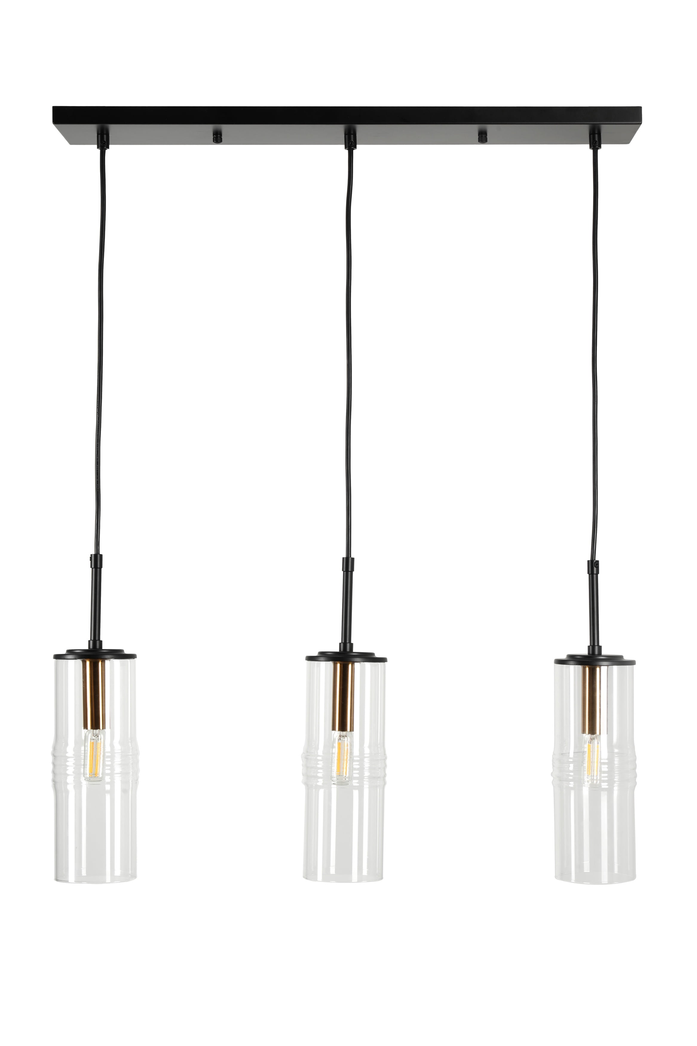 Kenroy Home Caulford 3-Light Adjustable Height Kitchen Island Light Fixture with Clear Glass Cylinder Shade for Kitchen Island, Dinning Room, Bedroom, Foyer, or Entryway, Black